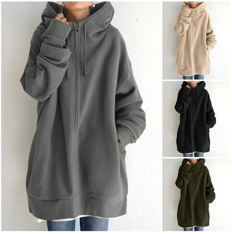 Oversized S-5XL Women Loose Hooded Coats Autumn Female Tie Collar Long Sleeve Zipper up Add Velvet Long Sweatshirt