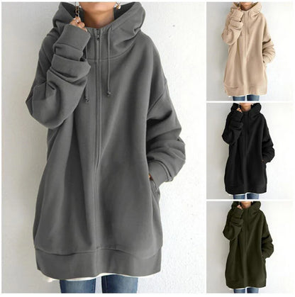Oversized S-5XL Women Loose Hooded Coats Autumn Female Tie Collar Long Sleeve Zipper up Add Velvet Long Sweatshirt