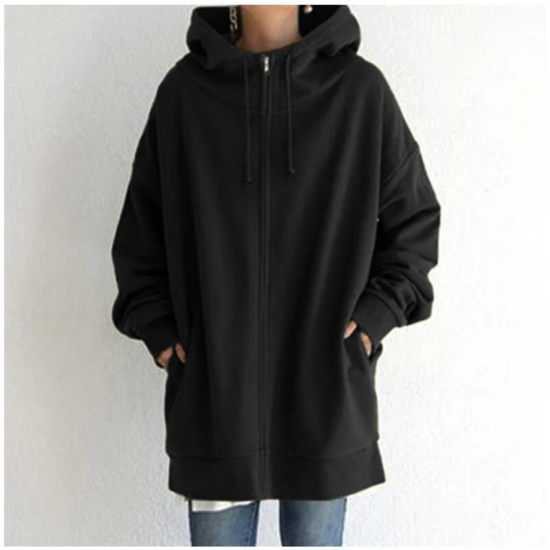 Oversized S-5XL Women Loose Hooded Coats Autumn Female Tie Collar Long Sleeve Zipper up Add Velvet Long Sweatshirt